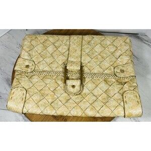 Jessica Simpson Cream Basketweave Croc Embossed Clutch Handbag Purse 13”x10”